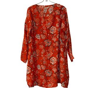 Masai Red Floral Crinkle Tunic Dress Womens Small Long Sleeve V-Neck Lagenlook